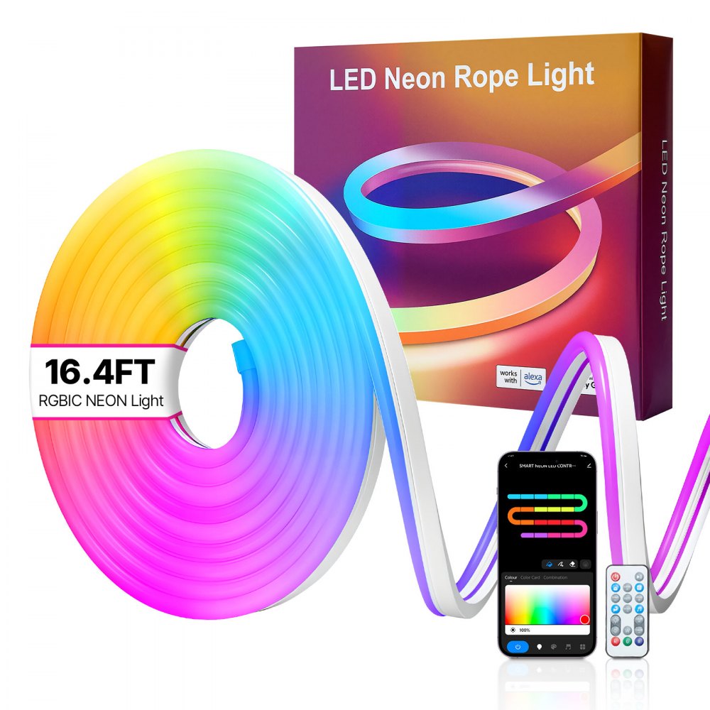 VEVOR LED Neon Rope Light, 16.4 ft, Flexible RGB-IC LED Strip Light, Control with App/Remote, Works with Alexa & Google