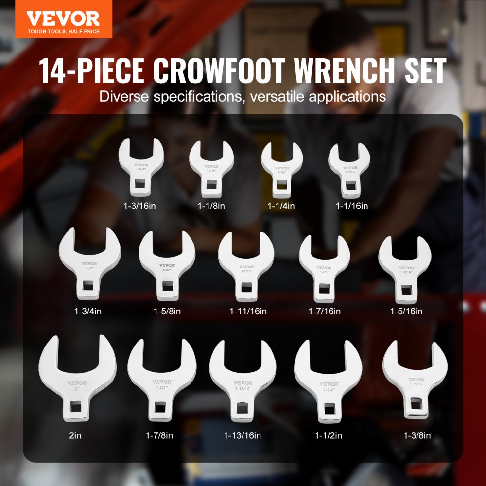 VEVOR Crowfoot Wrench Set, 1/2" Drive 14-Piece SAE (1-1/16" - 2") Crows Foot Wrench Set with Storage Tray, 40CR