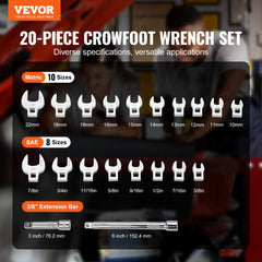 VEVOR Crowfoot Wrench Set, 3/8" Drive 20-Piece Crows Foot Wrench Set with 2 Extension Bars and EVA Tool Organizer,40CR