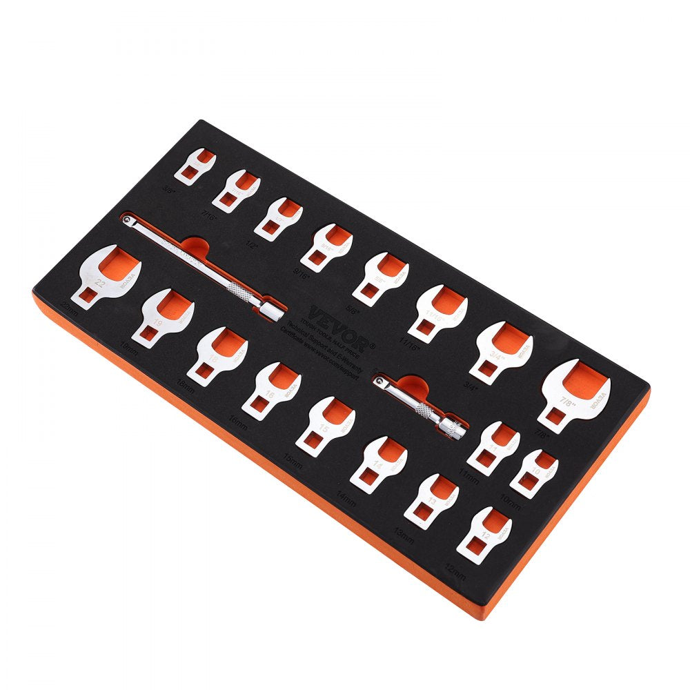 VEVOR Crowfoot Wrench Set, 3/8" Drive 20-Piece Crows Foot Wrench Set with 2 Extension Bars and EVA Tool Organizer,40CR