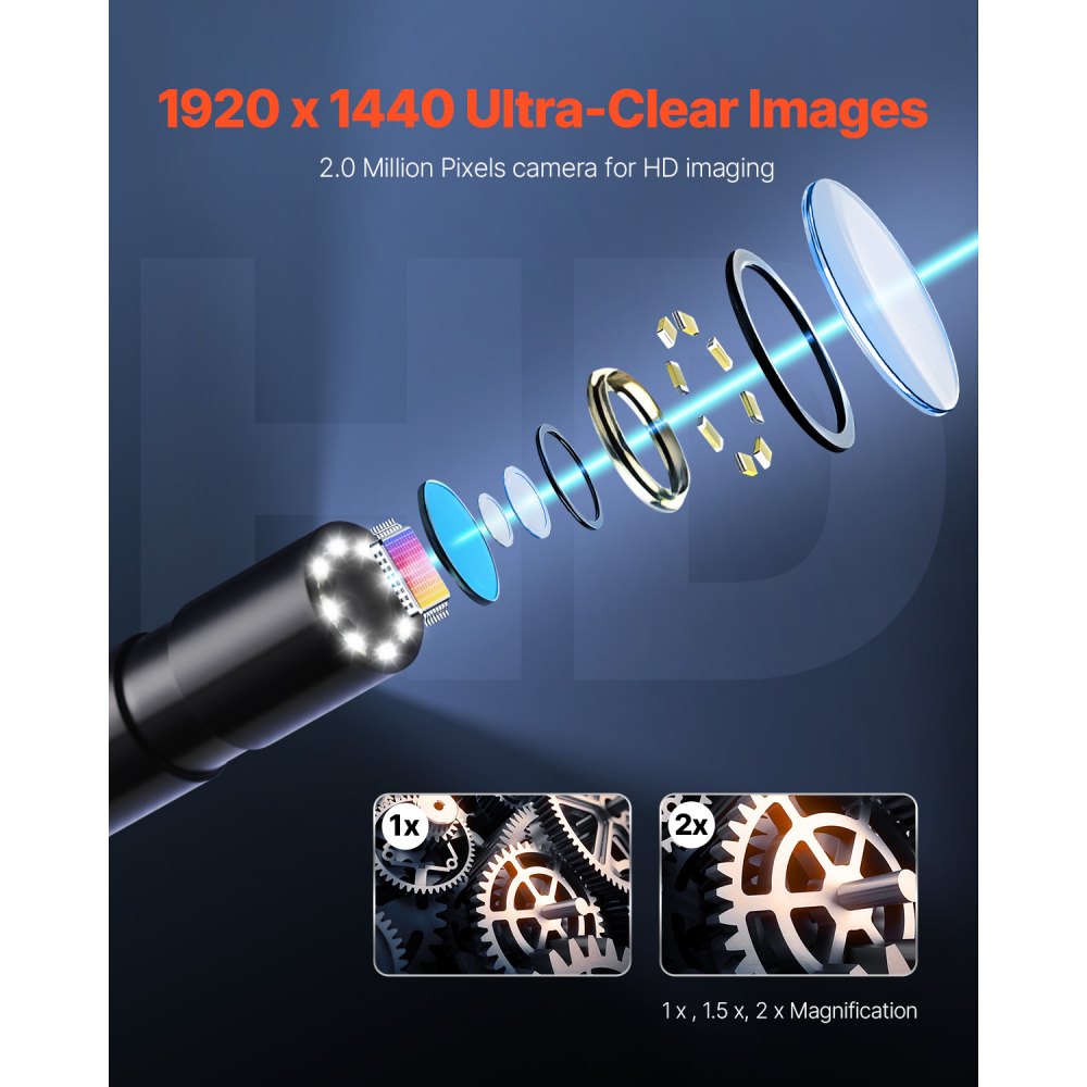 VEVOR Endoscope Camera with Light, 1920P HD Borescope for Android & IOS, 8 LED Lights Inspection Camera with 16.4FT