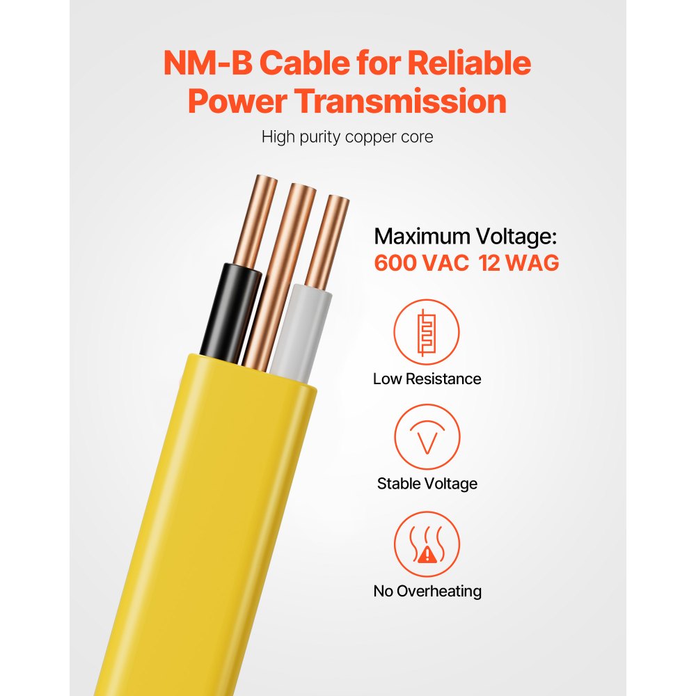 VEVOR NM-B Wire, 12AWG/2C Non-Mettalic Residential Indoor Electrical Wire with Ground, PVC Sheathed High-Purity Copper
