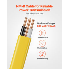 VEVOR NM-B Wire, 12AWG/2C Non-Mettalic Residential Indoor Electrical Wire with Ground, PVC Sheathed High-Purity Copper
