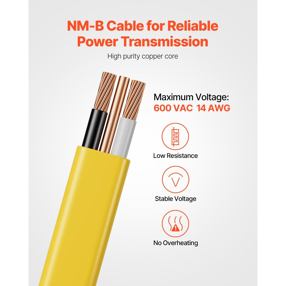 VEVOR NM-B Wire, 14AWG/2C Non-Mettalic Residential Indoor Electrical Wire with Ground, PVC Sheathed High-Purity Copper