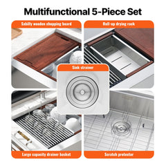 VEVOR Farmhouse Kitchen Sink, 304 Stainless Steel Drop-In Sinks, Top Mount Single Bowl Basin with Ledge & Accessories