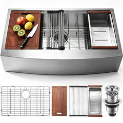 VEVOR Farmhouse Kitchen Sink, 304 Stainless Steel Drop-In Sinks, Top Mount Single Bowl Basin with Ledge & Accessories