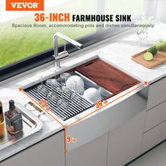 VEVOR Farmhouse Kitchen Sink, 304 Stainless Steel Drop-In Sinks, Top Mount Single Bowl Basin with Ledge & Accessories