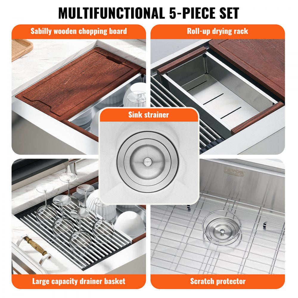 VEVOR Farmhouse Kitchen Sink, 304 Stainless Steel Drop-In Sinks, Top Mount Single Bowl Basin with Ledge & Accessories