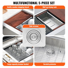 VEVOR Farmhouse Kitchen Sink, 304 Stainless Steel Drop-In Sinks, Top Mount Single Bowl Basin with Ledge & Accessories