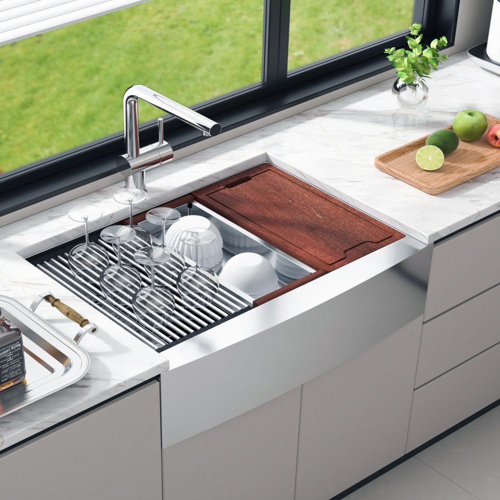VEVOR Farmhouse Kitchen Sink, 304 Stainless Steel Drop-In Sinks, Top Mount Single Bowl Basin with Ledge & Accessories