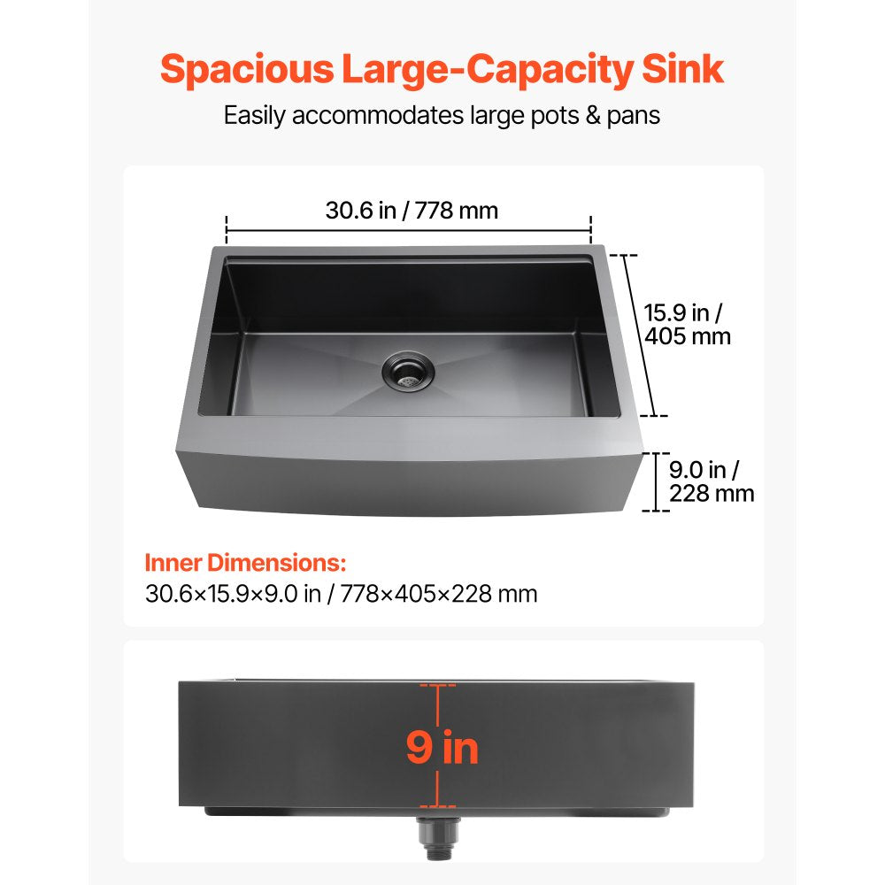VEVOR 33-inch Kitchen Undermount Single Bowl Sinks, Stainless Steel Drop-In Farmhouse Basin with Ledge & Accessories