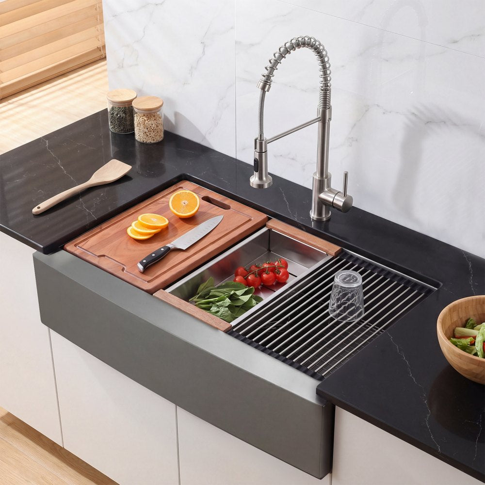 VEVOR 33-inch Kitchen Undermount Single Bowl Sinks, Stainless Steel Drop-In Farmhouse Basin with Ledge & Accessories