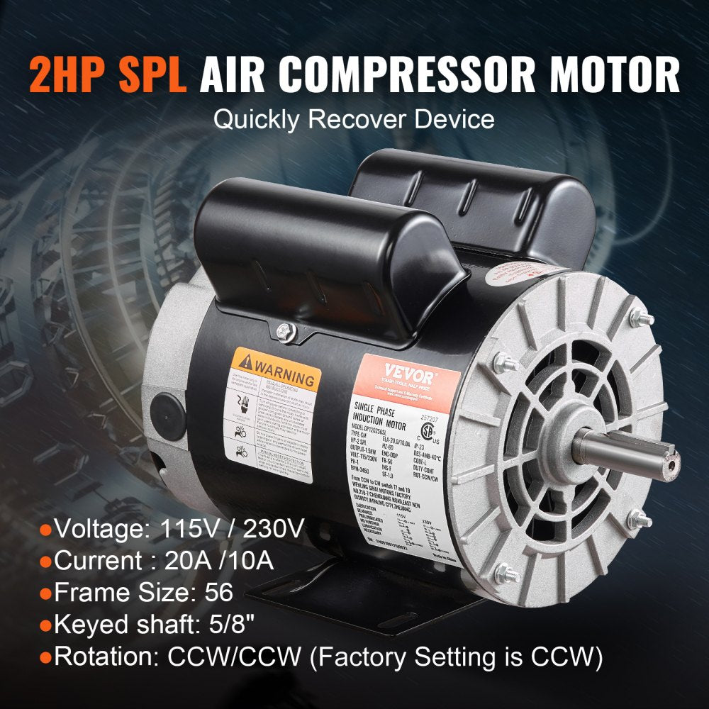 VEVOR 2HP SPL Air Compressor Electric Motor, 115/230V, 20/10 Amps, 56 Frame 3450RPM, 5/8" Keyed Shaft, 1.88" Shaft