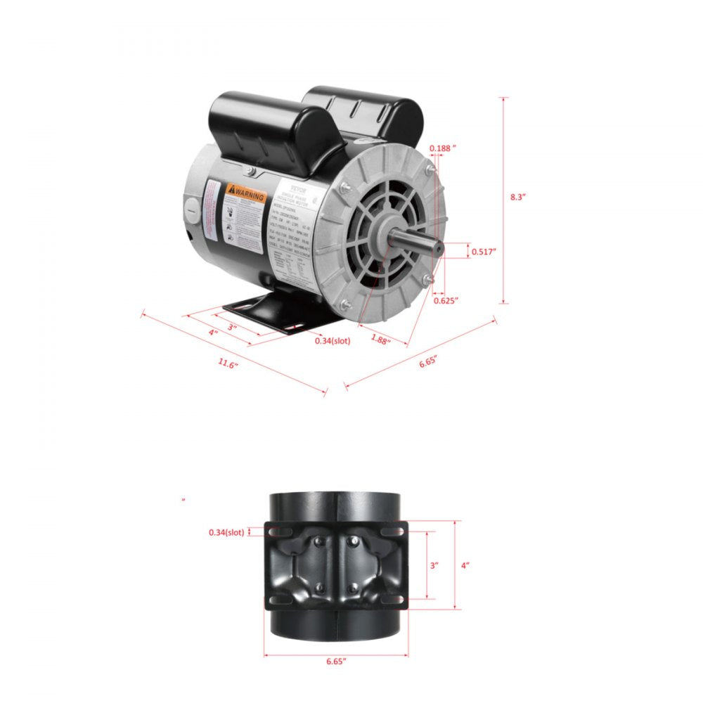 VEVOR 2HP SPL Air Compressor Electric Motor, 115/230V, 20/10 Amps, 56 Frame 3450RPM, 5/8" Keyed Shaft, 1.88" Shaft