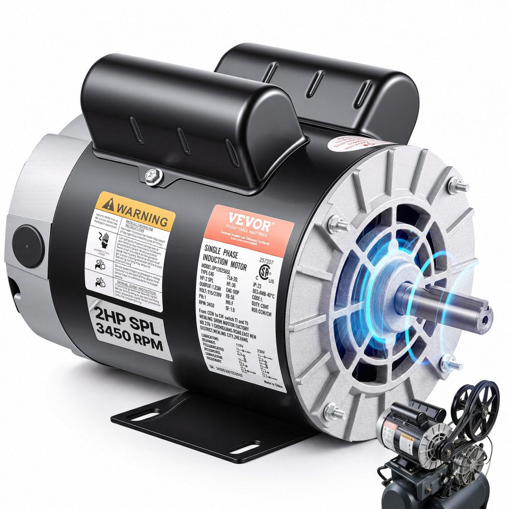 VEVOR 2HP SPL Air Compressor Electric Motor, 115/230V, 20/10 Amps, 56 Frame 3450RPM, 5/8" Keyed Shaft, 1.88" Shaft