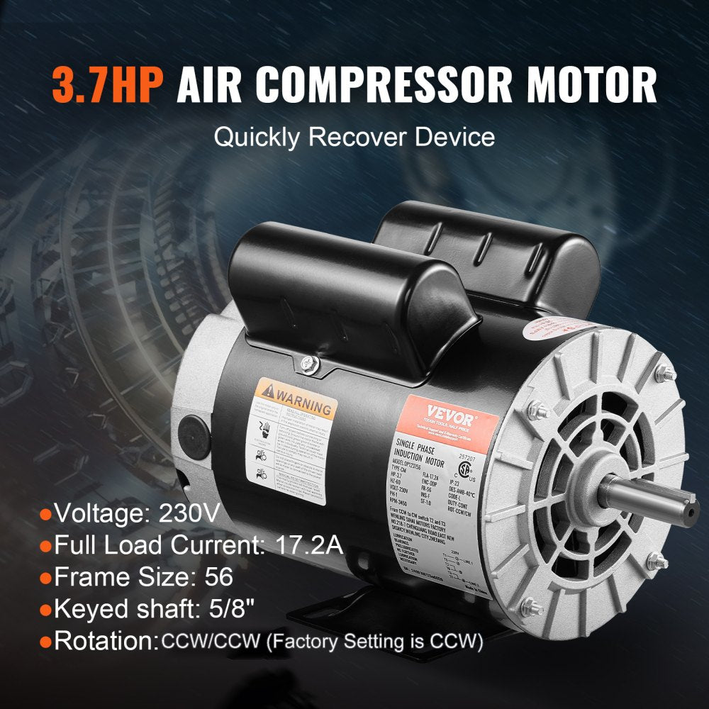 VEVOR 3.7HP Air Compressor Motor, 3450RPM Electric Motor, 230V 17.2 Amps, 5/8" Keyed Shaft 56 Frame, 1.88" Shaft