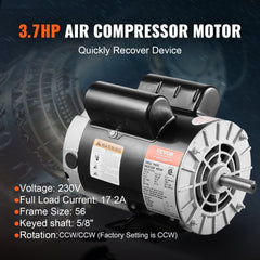 VEVOR 3.7HP Air Compressor Motor, 3450RPM Electric Motor, 230V 17.2 Amps, 5/8" Keyed Shaft 56 Frame, 1.88" Shaft