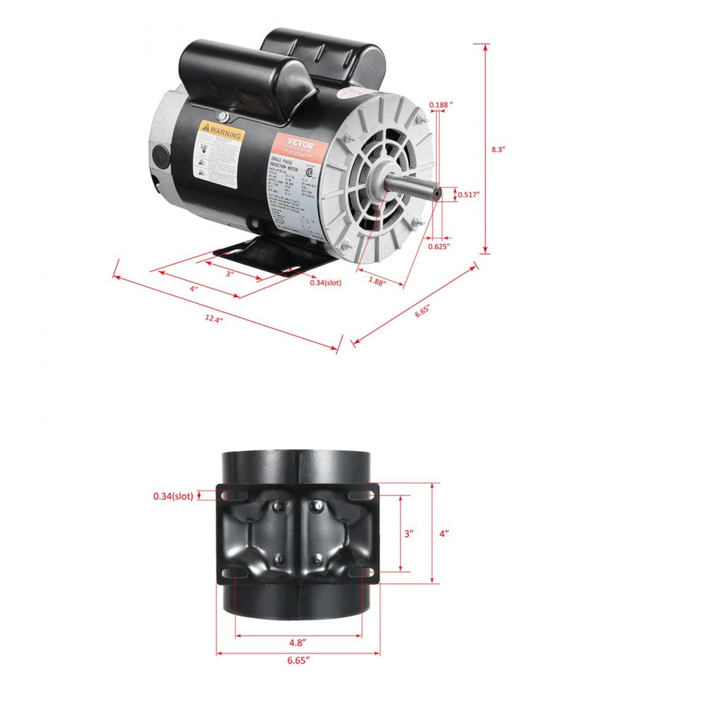 VEVOR 3.7HP Air Compressor Motor, 3450RPM Electric Motor, 230V 17.2 Amps, 5/8" Keyed Shaft 56 Frame, 1.88" Shaft
