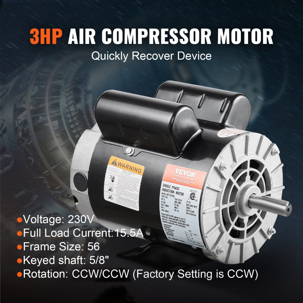 VEVOR 3HP Air Compressor Electric Motor, 230V 15.5 Amps, 56 Frame 3450RPM, 5/8" Keyed Shaft, 1.88" Shaft Length, Single