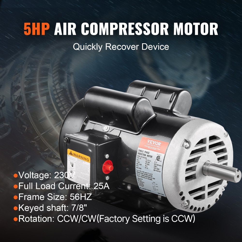 VEVOR 5HP Air Compressor Electric Motor, 230V 25 Amps, 56HZ Frame 3450RPM, 7/8" Keyed Shaft, 2.25" Shaft Length, Single