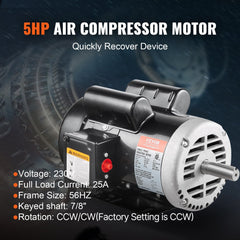 VEVOR 5HP Air Compressor Electric Motor, 230V 25 Amps, 56HZ Frame 3450RPM, 7/8" Keyed Shaft, 2.25" Shaft Length, Single