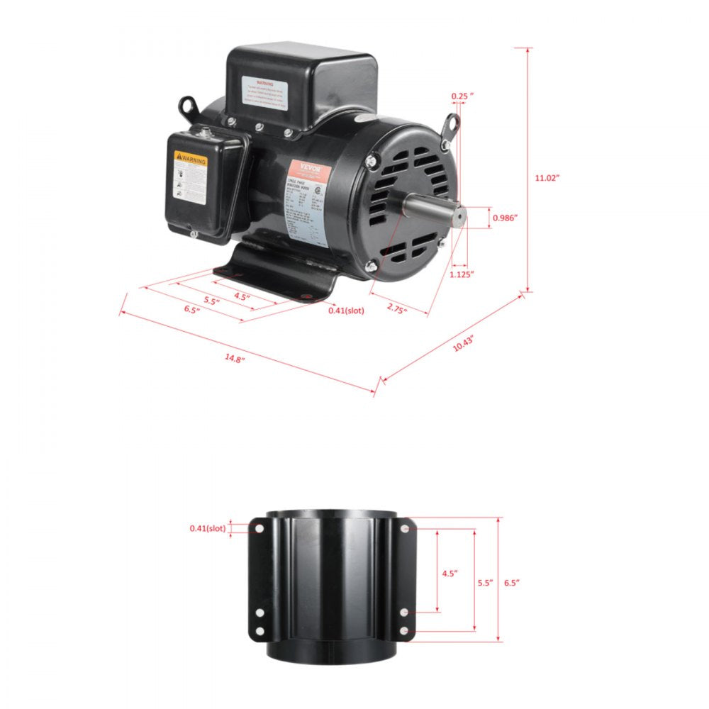 VEVOR 5HP Air Compressor Electric Motor, 230V 25 Amps, 56HZ Frame 3450RPM, 7/8" Keyed Shaft, 2.25" Shaft Length, Single