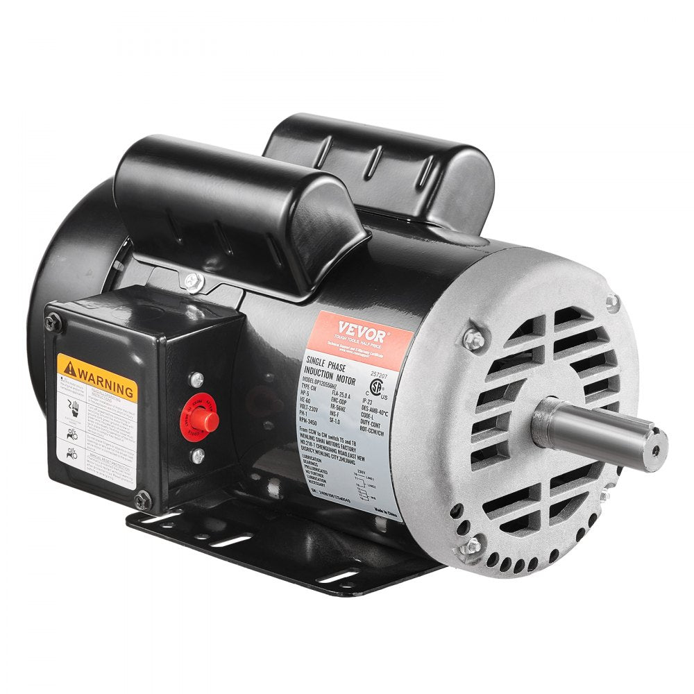 VEVOR 5HP Air Compressor Electric Motor, 230V 25 Amps, 56HZ Frame 3450RPM, 7/8" Keyed Shaft, 2.25" Shaft Length, Single