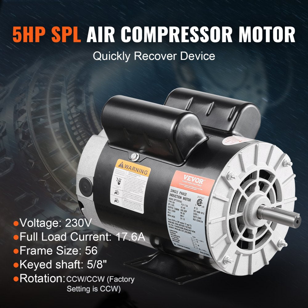VEVOR 5HP SPL Air Compressor Electric Motor, 230V 17.6Amps, 56 Frame 3450RPM, 5/8" Keyed Shaft, 1.88" Shaft Length