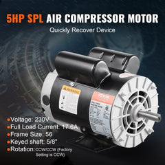 VEVOR 5HP SPL Air Compressor Electric Motor, 230V 17.6Amps, 56 Frame 3450RPM, 5/8" Keyed Shaft, 1.88" Shaft Length