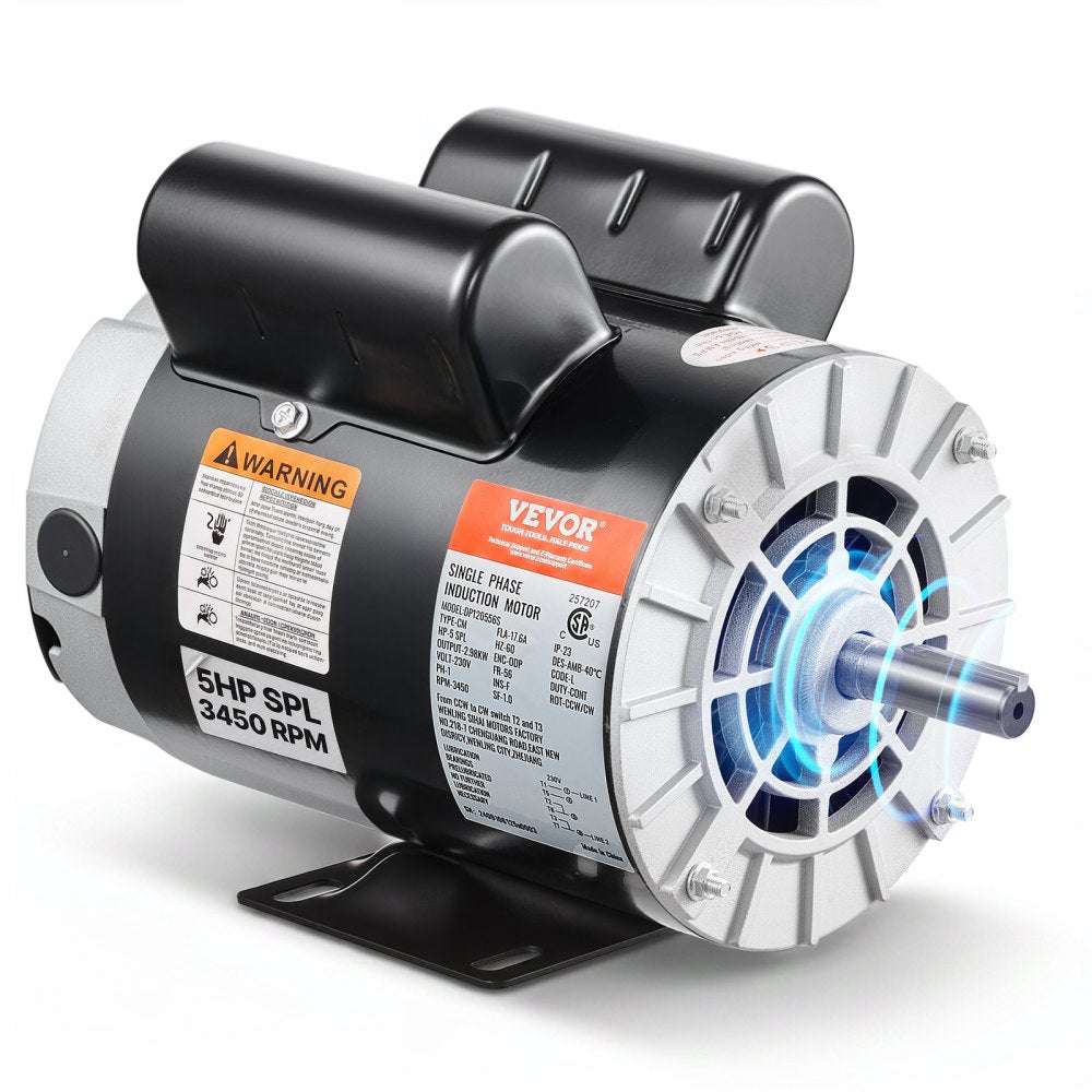 VEVOR 5HP SPL Air Compressor Electric Motor, 230V 17.6Amps, 56 Frame 3450RPM, 5/8" Keyed Shaft, 1.88" Shaft Length