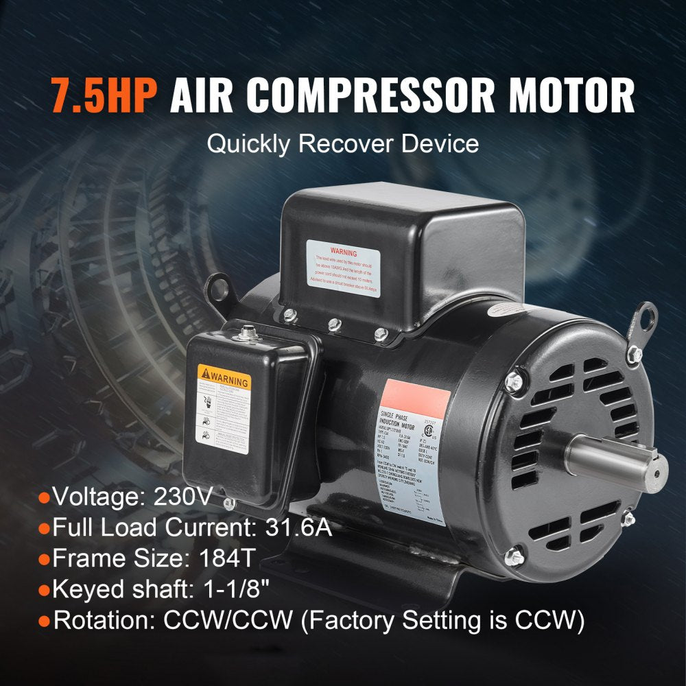 VEVOR 7.5HP Air Compressor Motor, 230V 31.6 Amps Electric Motor, 3450RPM 184T Frame, 1-1/8" Keyed Shaft, 2.75" Shaft