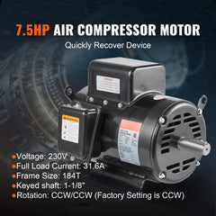 VEVOR 7.5HP Air Compressor Motor, 230V 31.6 Amps Electric Motor, 3450RPM 184T Frame, 1-1/8" Keyed Shaft, 2.75" Shaft