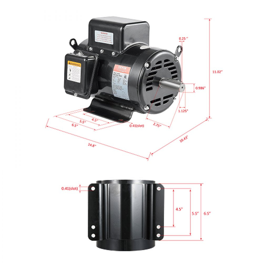VEVOR 7.5HP Air Compressor Motor, 230V 31.6 Amps Electric Motor, 3450RPM 184T Frame, 1-1/8" Keyed Shaft, 2.75" Shaft