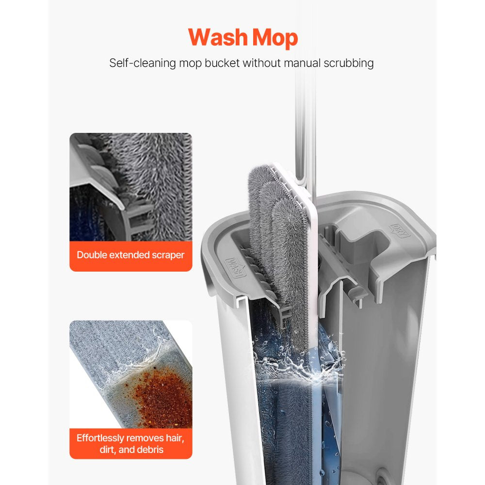 VEVOR Mop and Bucket with Wringer Set, Wet & Dry Use, Flat Mop and Bucket System with 3 Washable Microfiber Pads, Flat