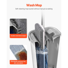 VEVOR Mop and Bucket with Wringer Set, Wet & Dry Use, Flat Mop and Bucket System with 3 Washable Microfiber Pads, Flat