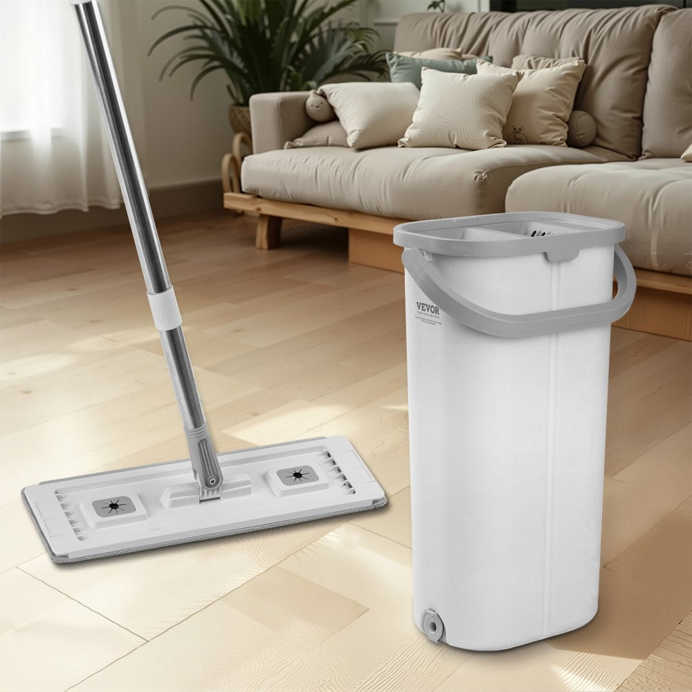VEVOR Mop and Bucket with Wringer Set, Wet & Dry Use, Flat Mop and Bucket System with 3 Washable Microfiber Pads, Flat