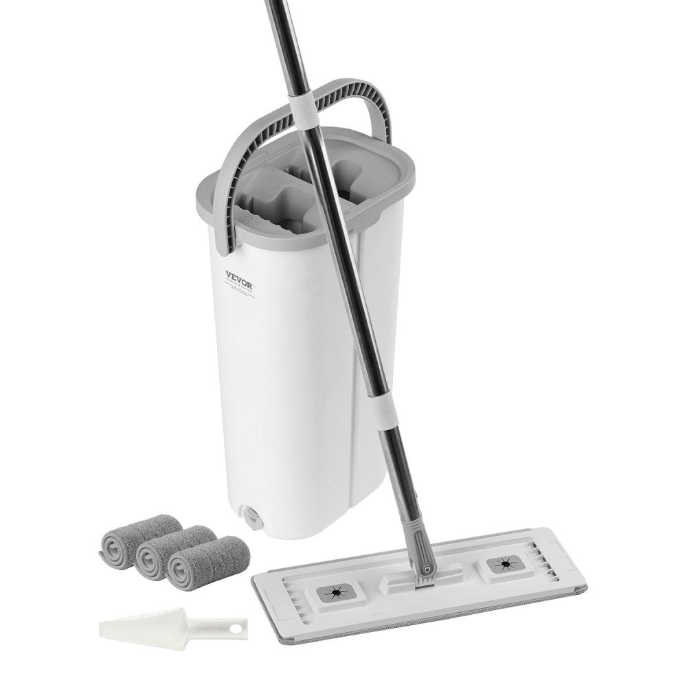 VEVOR Mop and Bucket with Wringer Set, Wet & Dry Use, Flat Mop and Bucket System with 3 Washable Microfiber Pads, Flat