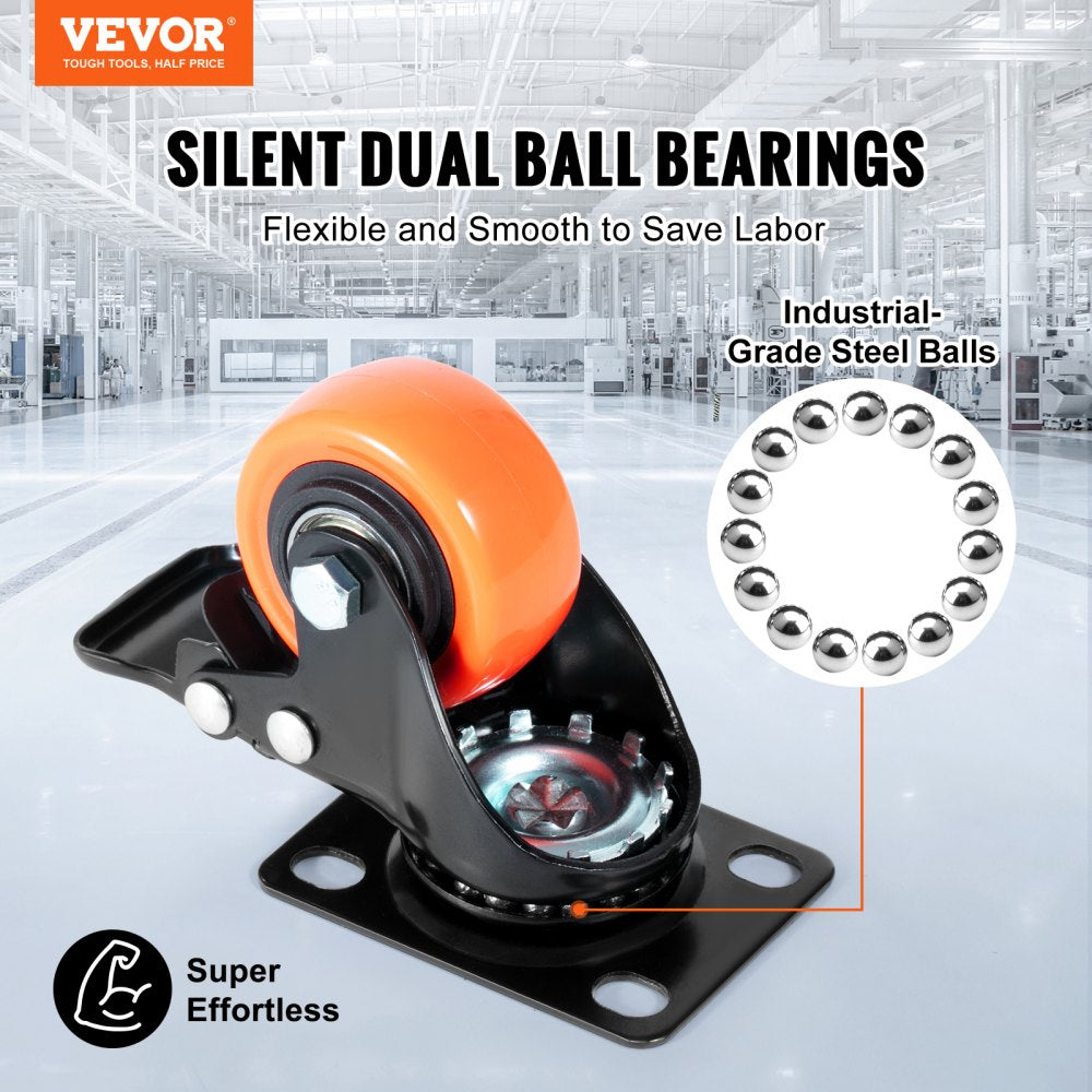 VEVOR Caster Wheels, 2-inch Swivel Plate Casters, Set of 4, with Security Dual Locking No Noise PVC Wheels, Heavy Duty