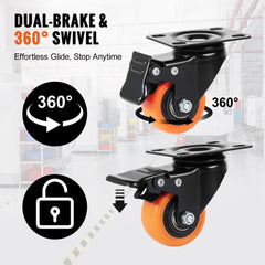 VEVOR Caster Wheels, 2-inch Swivel Plate Casters, Set of 4, with Security Dual Locking No Noise PVC Wheels, Heavy Duty
