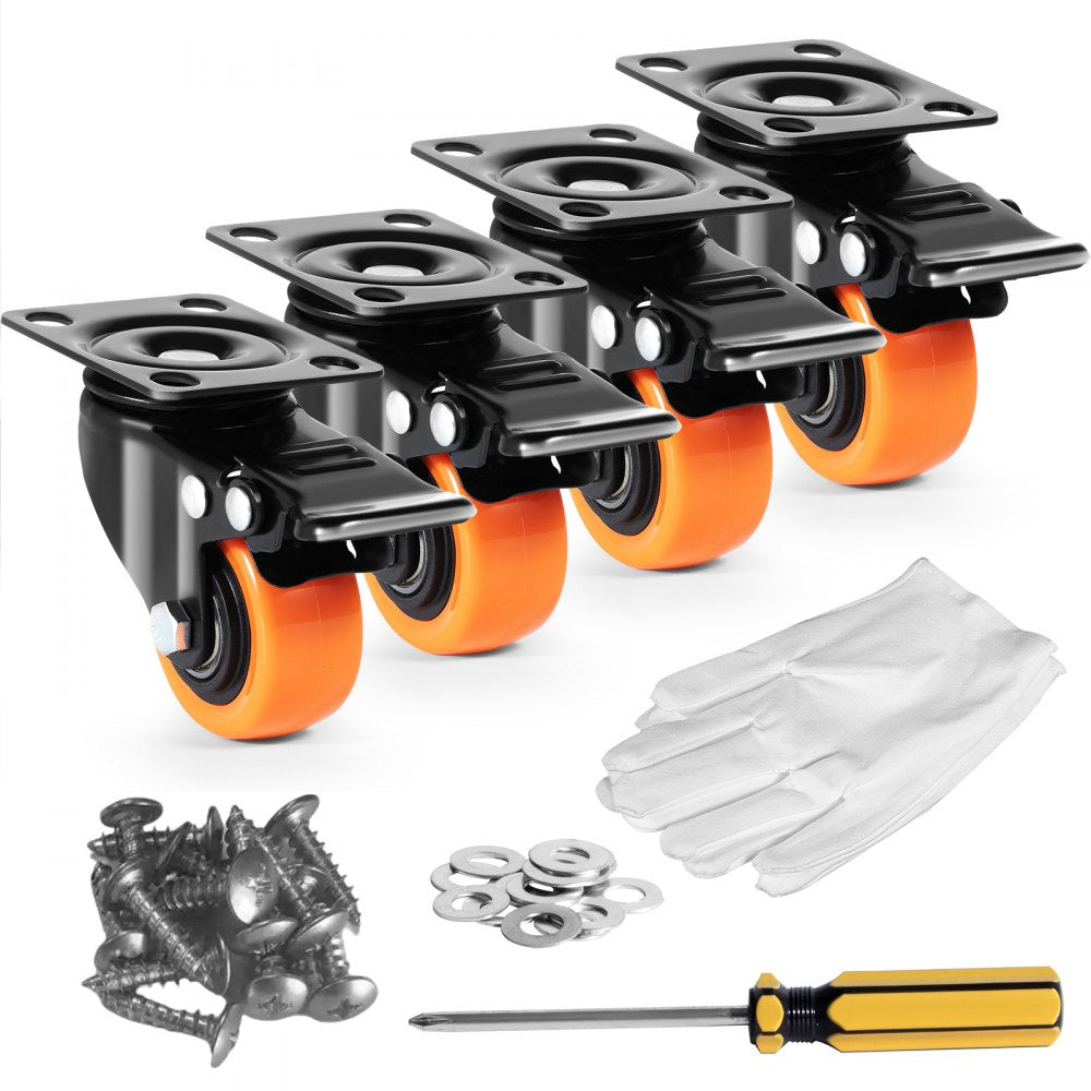 VEVOR Caster Wheels, 2-inch Swivel Plate Casters, Set of 4, with Security Dual Locking No Noise PVC Wheels, Heavy Duty