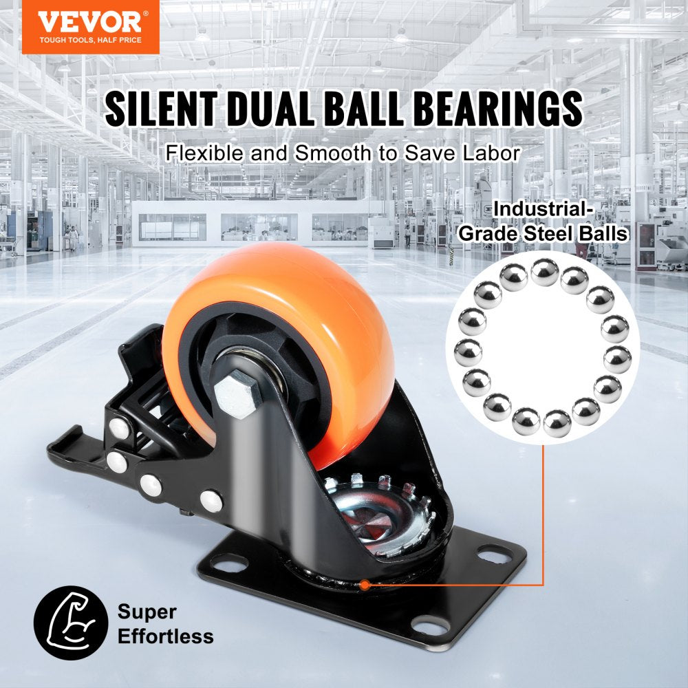 VEVOR Caster Wheels, 3-inch Swivel Plate Casters, Set of 4, with Security A/B Locking No Noise PVC Wheels, Heavy Duty