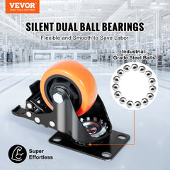 VEVOR Caster Wheels, 3-inch Swivel Plate Casters, Set of 4, with Security A/B Locking No Noise PVC Wheels, Heavy Duty