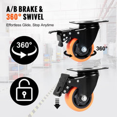 VEVOR Caster Wheels, 3-inch Swivel Plate Casters, Set of 4, with Security A/B Locking No Noise PVC Wheels, Heavy Duty