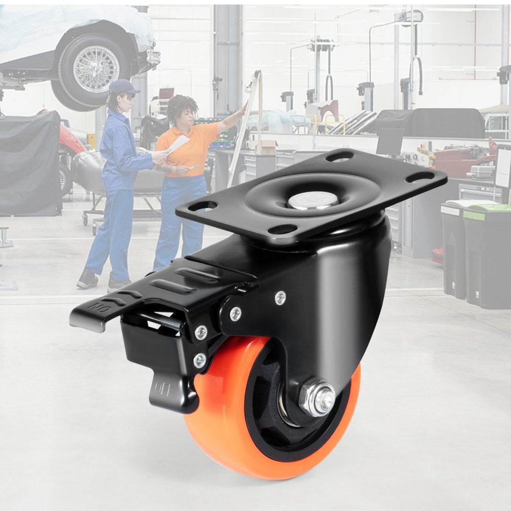 VEVOR Caster Wheels, 3-inch Swivel Plate Casters, Set of 4, with Security A/B Locking No Noise PVC Wheels, Heavy Duty