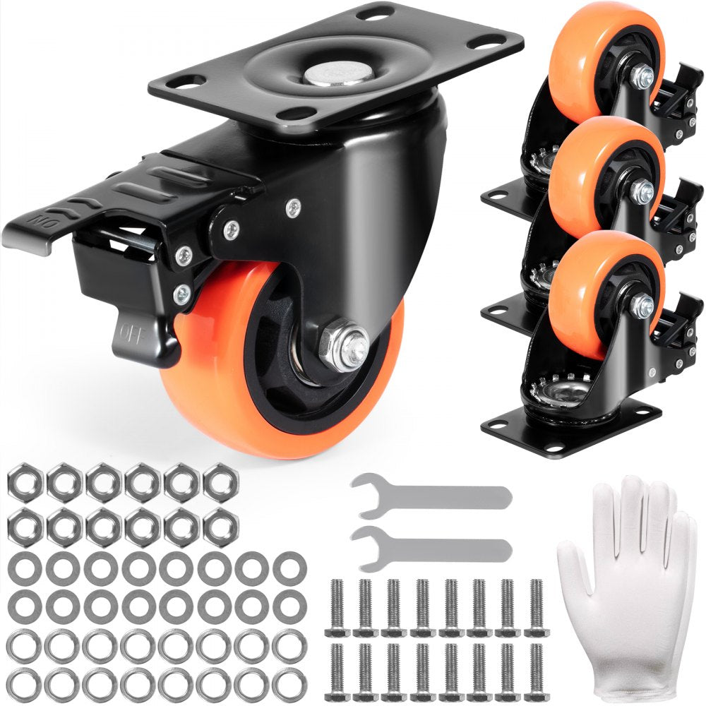 VEVOR Caster Wheels, 3-inch Swivel Plate Casters, Set of 4, with Security A/B Locking No Noise PVC Wheels, Heavy Duty