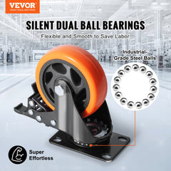VEVOR Caster Wheels, 4-inch Swivel Plate Casters, Set of 4, with Security A/B Locking No Noise PVC Wheels, Heavy Duty