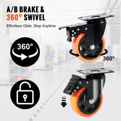 VEVOR Caster Wheels, 4-inch Swivel Plate Casters, Set of 4, with Security A/B Locking No Noise PVC Wheels, Heavy Duty