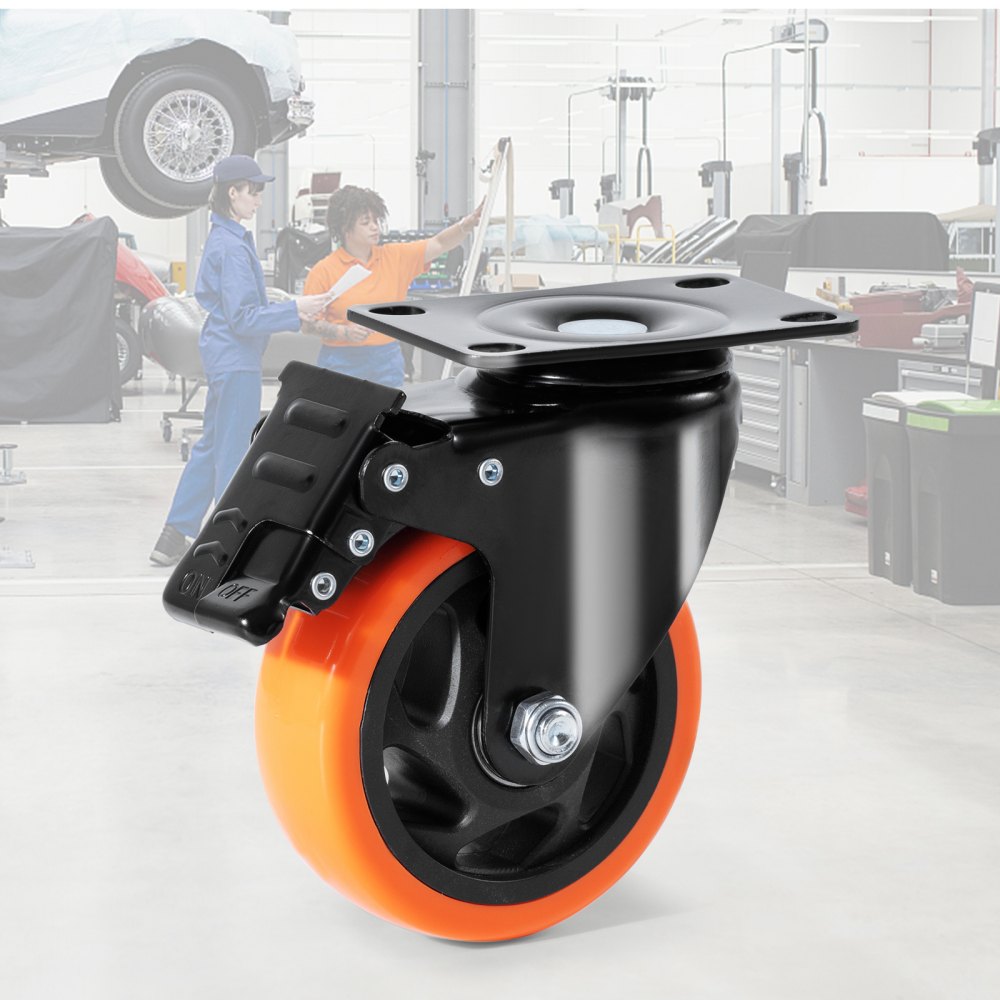 VEVOR Caster Wheels, 4-inch Swivel Plate Casters, Set of 4, with Security A/B Locking No Noise PVC Wheels, Heavy Duty