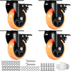 VEVOR Caster Wheels, 4-inch Swivel Plate Casters, Set of 4, with Security A/B Locking No Noise PVC Wheels, Heavy Duty
