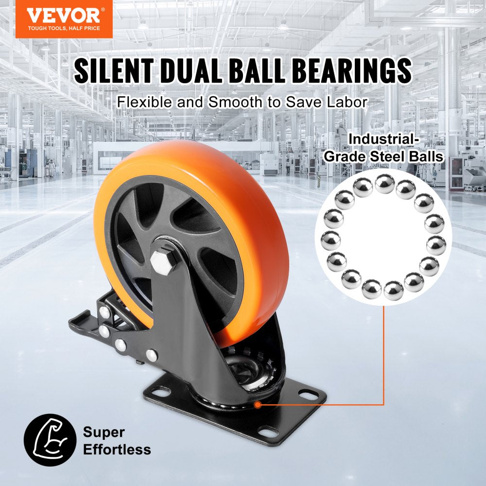 VEVOR Caster Wheels, 5-inch Swivel Plate Casters, Set of 4, with Security A/B Locking No Noise PVC Wheels, Heavy Duty